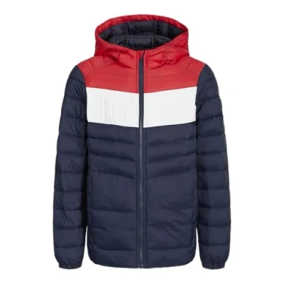 Image of JACK&amp;JONES JUNIOR Boy&#039;s Jjesprint Puffer Hood Mni Noos Jacket, Navy Blazer/Detail: White/True red Blocking, 7 Years