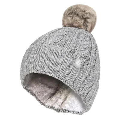 Image of HEAT HOLDERS Ladies Warm Knit Fleece Lined Cuffed Thermal Winter Bobble Hat with Pom (One Size, Light Grey)