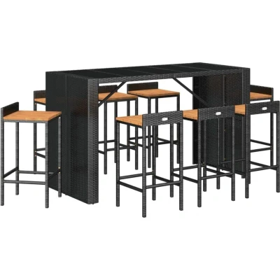 Image of vidaXL 9 Piece Garden Bar Set Black Poly Rattan&amp; Solid Wood Acacia
