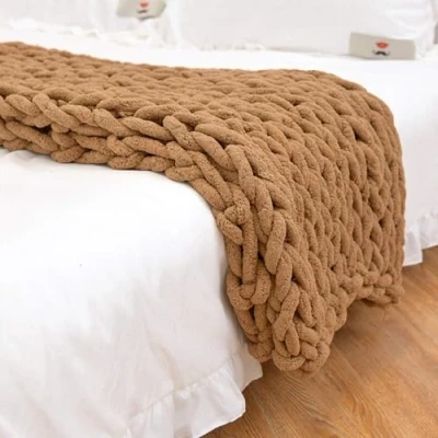 Image of WJHDWYD Chunky Knit Blanket, Handmade Bulky Knitted Yarn Super Large Throw, Bedroom Decoration Bed Chair Sofa Pet Mat Yoga Rug Woven Blanket(Brown,100 * 120 CM)