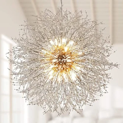 Image of EFPD 31.5&quot; Plus Size 16 Light, Modern Dandelion Crystal Beaded Light Fixture, Large Gold Chandelier for Kitchen Island Bedroom Farmhouse Foyer