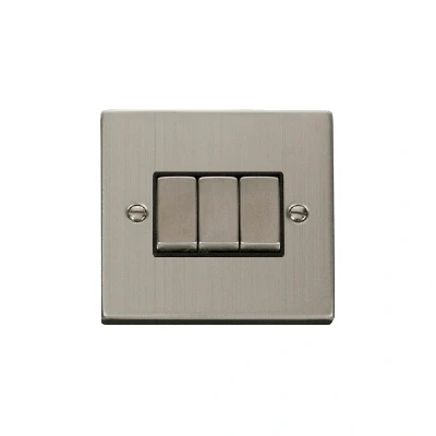 Image of Click Deco 3 Gang 2 Way Ingot 10AX Switch Stainless Steel Black Inserts