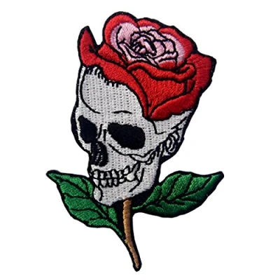 Image of Skull Rose Applique Embroidered Flower Iron On Sew Patch