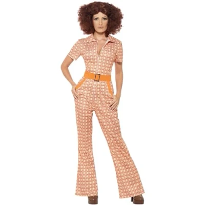 Image of Smiffys Authentic 70s Chic Costume, Orange with Jumpsuit, 1970&#039;s Disco Fancy Dress, 1970s Dress Up Costumes