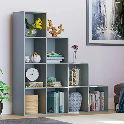 Image of Vida Designs Durham Staircase Bookcase Shelves Storage Organiser Living Room Furniture (10 Cube, Grey)