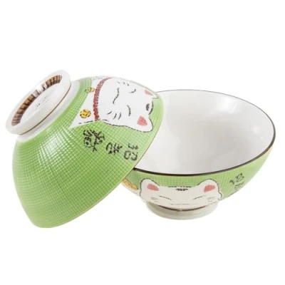 Image of lachineuse 2 Soup or Ramen Bowls Maneki Neko Design Green Duo Multi Purpose Porcelain Japanese Decoration Japan Asia Gift Idea