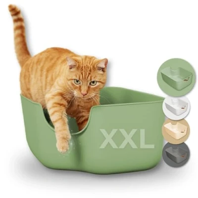 Image of PiuPet® Cat Litter Tray Modern Box for Cats Large with High Walls Open Kitten Trays (Green)
