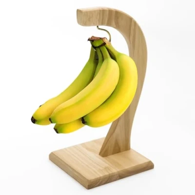 Image of Banana Holder Stand Hanger with Rubber Wooden Fruit for Kitchen Counter Tree Metal Hook to Keep Bananas Fresh