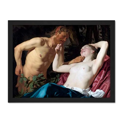 Image of Artery8 Van Honthorst Satyr And Nymph Painting Artwork Framed Wall Art Print 18X24 Inch