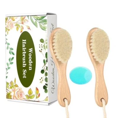 Image of Baby Wooden Brush and Comb Set, 2Pcs Natural Goat Bristles Hair with Cradle Cap for Newborns Toddlers Newborn Boys Girls (Green)