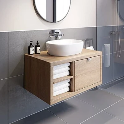 Image of Vitusso® 800mm Bathroom Vanity Unit Countertop Basin Sink Wall Hung Drawer with Shelves Storage Oak Wood, St Tropez White LH