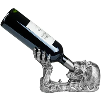 Image of BRUBAKER Wine Bottle Holder Skull Drinking with Skeleton Hand Silver Stand Deco Figurine Painted Accessories Funny Decoration Gift