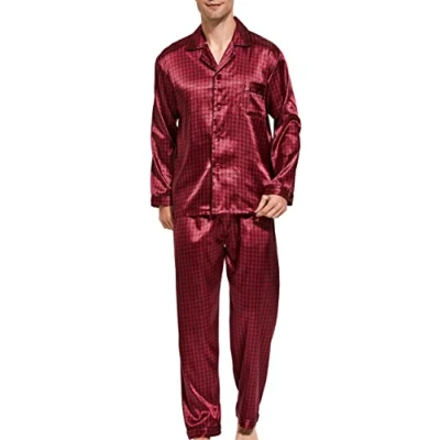 Image of Men&#039;s Pyjama Set, Satin Sleepwear, Long Sleeves, Loungewear, maroon/black, XL