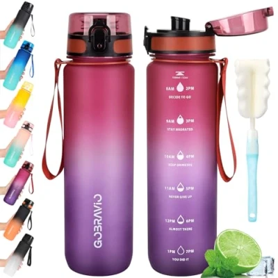 Image of Gobravio Water Bottle 1L BPA Free Sports Drink Dishwasher Safe Canteen Leakproof Motivational with Time Markings