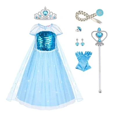 Image of URAQT Girls Princess Costume with Crown Magic Wand Accessories, Dress Up for Girls, Deluxe Shining Cloak Fancy Party/Cosplay/Bridesmaid Light Green