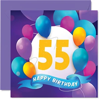 Image of 55th Birthday Card for Men Women Balloon Party Happy Cards 55 Year Old Man Woman Mum Dad Auntie Uncle Grandad Nan Grandma Brother Sister, 145mm x Bday Greeting Gift