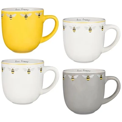 Image of HOMELOX Set of 4 Bee Happy Printed Mugs Tea Coffee Cups Kitchenware Mug Premium Quality