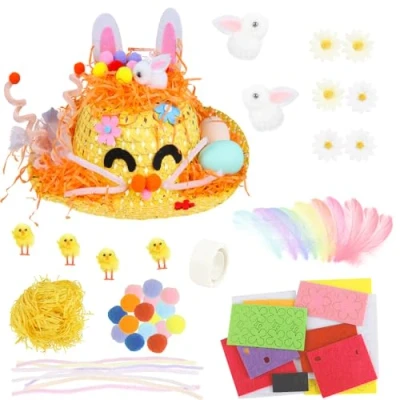 Image of JOFONY Easter Bonnet Kit, Kids Hat Sets Make Your Own Hat, DIY Kit for School Craft Supplies(Yellow)