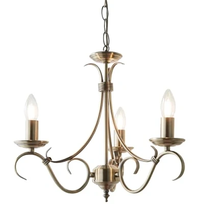 Image of National Lighting Brandon Decorative 3 Way Scrolled Arms Antique Brass Branch Arm E14 LED Compatible Pendant Ceiling Light