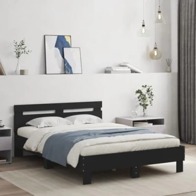 Image of vidaXL Brown Oak Double Bed Frame with Headboard 135x190 cm Suitable for Bedroom Furniture, Engineered Wood Plywood Slats, Modern Style