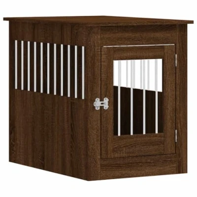 Image of &#039;VidaXL Brown Oak Dog Crate Furniture with Engineered Wood &amp; Steel Wire Kennel, Doghouse and End Table Lockable Door