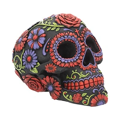 Image of Nemesis Now B3621J7 Resin Skull with Traditional Floral Decorations, Black, 18 cm, One Size