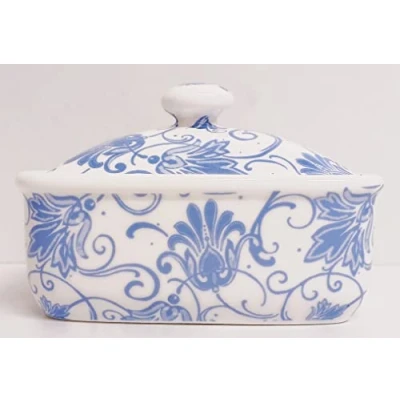 Image of Parisian Blue Butter Dish Bone China Floral Scroll Swirl Lidded Container Hand Decorated in UK