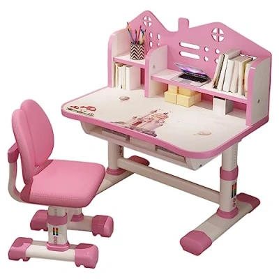 Image of Calager Kids Desk and Chair Set,Height Adjustable Children Study Chair,School Student Writing Table with Drawer Bookstand,Ergonomic Learning for Girl Boy Pink