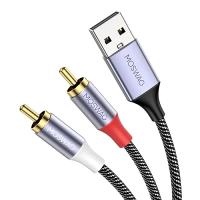 Image of MOSWAG USB to RCA Cable, Dual Stereo Y Splitter Cord Jack Adapter, Nylon Braided Audio Converter Compatible with Laptop, PC, DVD Player, Speaker, Power Amplifier