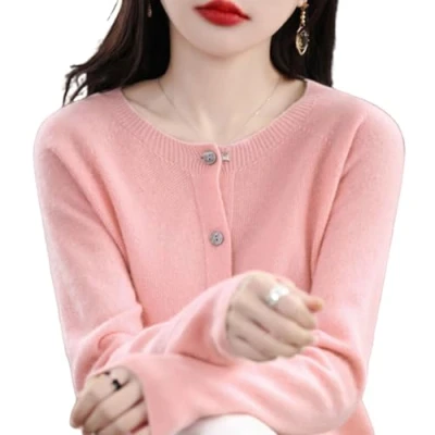 Image of TeysHa Women&#039;s Cashmere Cardigan Sweater,Wool Crew Neck Button Down Long Sleeve Sweater,Soft Warm Knit Elastic Jumpers (Light Pink,Large)