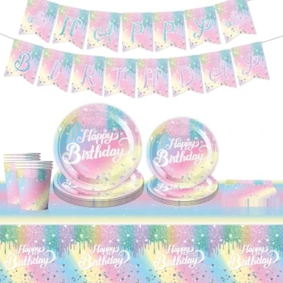 Image of Colorful Glitter Diamond Birthday Party Tableware Set, Girls Princess Kids Baby Shower Supplies Decoration with Happy Banner Paper Plates Cups Napkins Tablecloths For 10 Guests