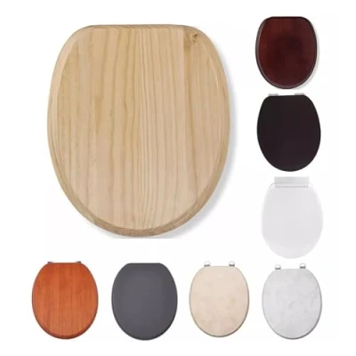Image of 18&quot; MDF Toilet Seat Universal Adjustable Fit for Most Toilets, Oval Shape, Quick Release, Beige Marble Stone Effect (Wooden)