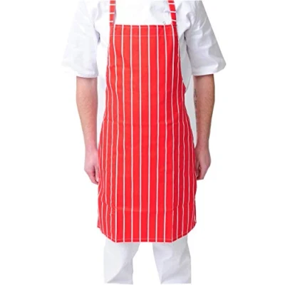 Image of Black Pepper Polycotton Stripe Butcher Bib Aprons, Professional Home Kitchen Apron for Chef, Butchers, Cooking, Caterers, Baking (Red/White (No Pocket))