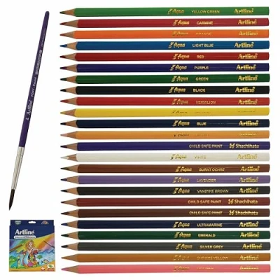 Image of artline TriArt Water Colour Pencils with Brush, Pack of 24, ASSORTED, Non Toxic, Triangular Comfort Grip, Strong Lead, Perfect for School Home Nursery Use