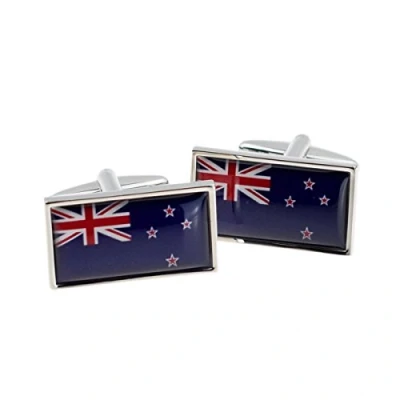 Image of New Zealand Flag in Rhodium Silver Frame Cufflinks a Black Leatherette Box X2N9956 NZ XCBOX