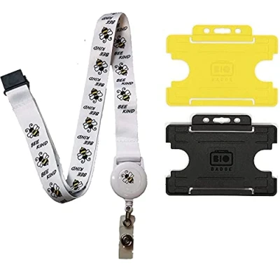 Image of Bee Kind Neck Lanyard with Integrated Badge Reel, Safety Breakaway &amp; Horizontal Double ID Card Holder (Yellow Holder)
