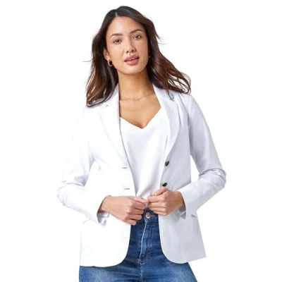 Image of Roman Originals Stretch Blazer for Women UK Ladies Office Jacket Business Work Formal Smart Summer Professional Interview Desk Dinner Evening Open Front Button Party Spring White Size 18