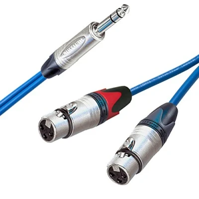 Image of Neutrik Stereo Jack to 2 x Female XLRs, Sommer ONYX 2025 Black Cable. Unbalanced Insert/Splitter Lead (4m, Blue)