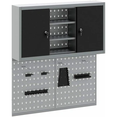 Image of vidaXL 3 Piece Tool Cabinet and Pegboard Set Wall Mounted Black Metal
