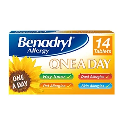 Image of Benadryl Allergy One A Day 10 Mg Tablets Effective and Long Lasting Relief from Hay Fever, Pet, Skin Dust Allergies 14
