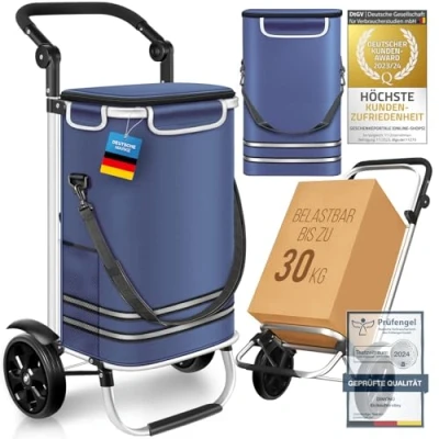 Image of Dimono® Shopping Trolley Folding 3 in1 for Shopping; 56 litres incl. Cooler Compartment; Transport Grocery Bag (Blue)
