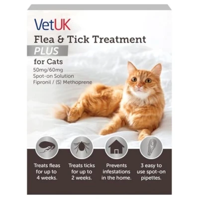 Image of VetUK Flea and Tick Treatment Plus for Cats (3 Pipettes)
