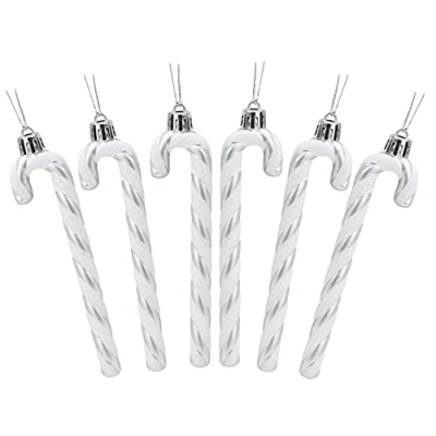 Image of Christmas Concepts® Pack Of 6 13cm Glitter Candy Cane Tree Decorations (Silver &amp; White)