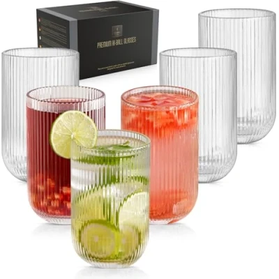 Image of TKNO 6X 410ml Ribbed Highball Glasses Tall Hi Ball Glass Water Gin Juice Cocktail Drinking Glassware Origami Style Fluted Ripple Beverage Tumblers Set, Ideal for Home, Restaurant, Events &amp; Parties