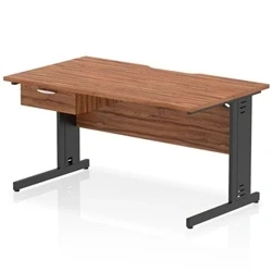 Image of Impulse 1400 x 800mm Scalloped Edge Office Desk Walnut Top Black Cable Managed Leg Workstation 1 Drawer Fixed Pedestal