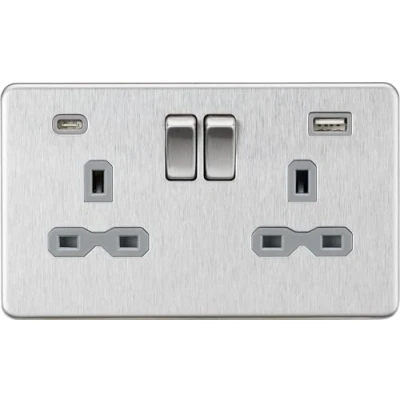 Image of KnightsBridge 13A 2G SP Screwless Switched Socket with Dual USB A+C Brushed Chrome, Grey Insert