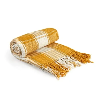 Image of Emma Barclay Frisco Recycled Cotton Traditional Check Chair Sofa Setee Throw Over Blanket in Ochre Yellow 50x60 (127x152cm)