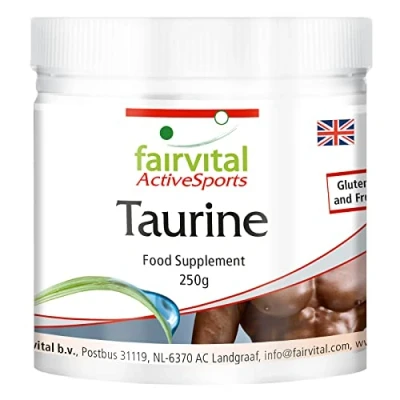 Image of Fairvital Taurine 250 g Powder Extra high Dosage with thiamine and pantothenic Acid Pure, Without additives 100% Vegan for 4.5 Months Quality Tested Made in Germany