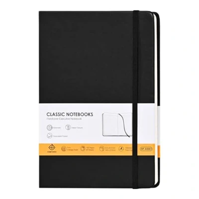 Image of HOMPOWER Lined Notebook Journals A5 Size 14 x 21cm, 160 Pages with Expandable Pocket, 100GSM Paper, Hardcover Notepad(Black 1 Pack)