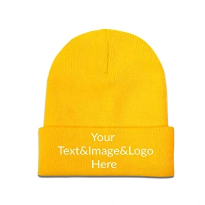 Image of Custom Hat Slouch Yellow Beanie Your Text&amp;Image&amp;Logo Here Warm Knit Skull Cap